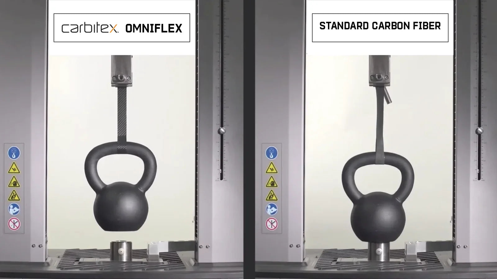 Flexible Carbitex OmniFlex carbon fiber bends under a kettlebell load while standard rigid carbon fiber stays stiff