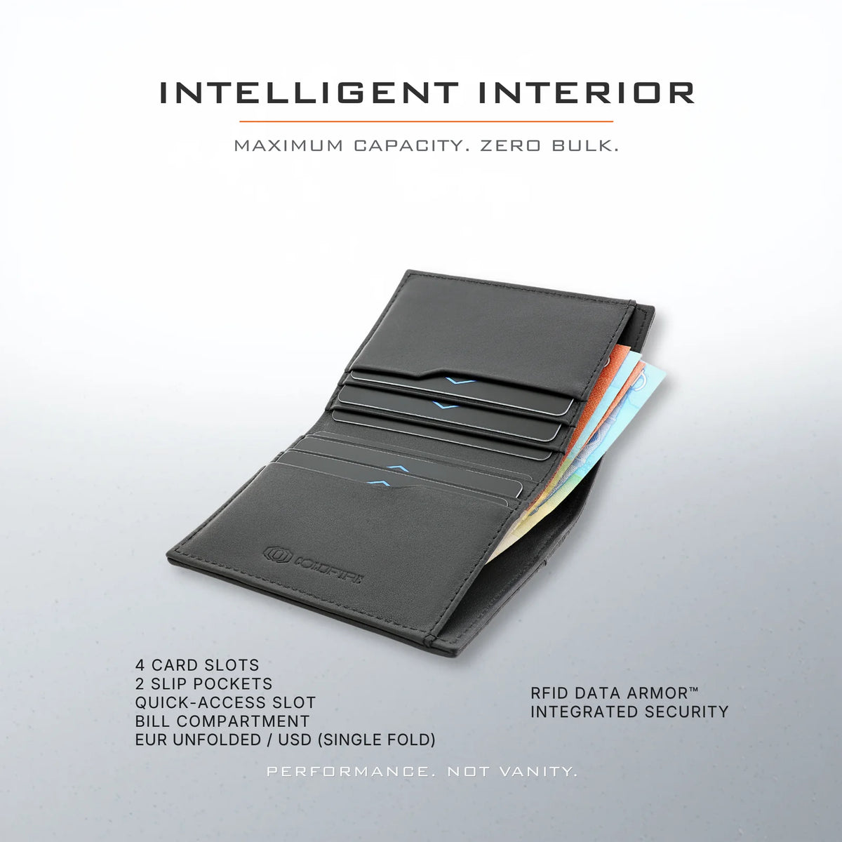 COLDFIRE Flex One wallet open, showing four card slots, slip pockets, a quick-access slot and bill compartment with RFID Data Armor