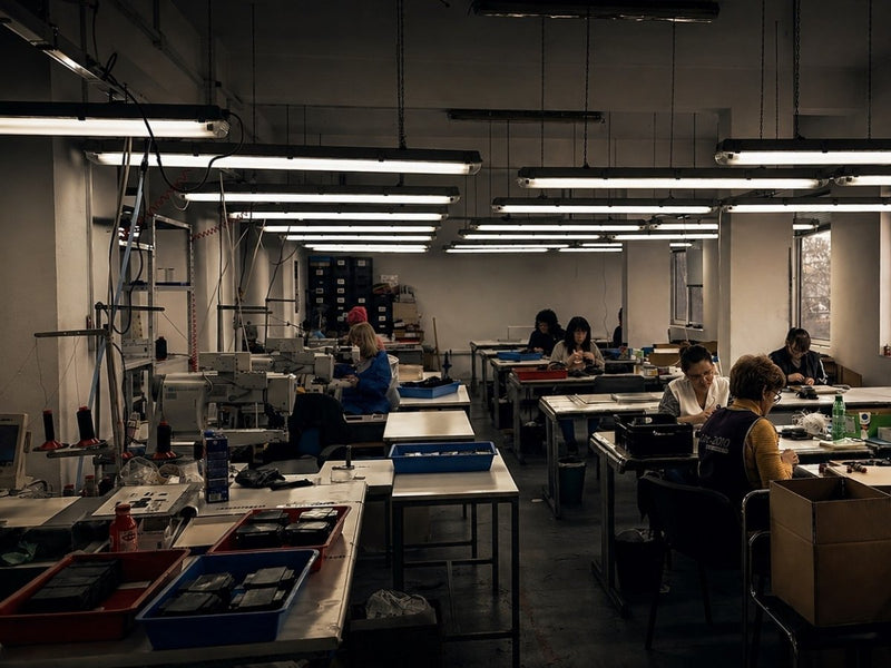 ColdFire production workshop, Plovdiv, Bulgaria — skilled craftspeople 
handcrafting carbon fiber wallets