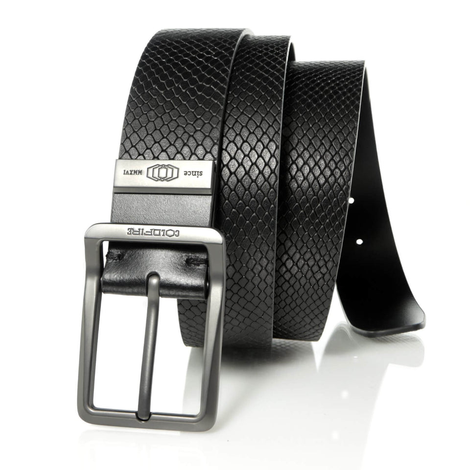 COLDFIRE Casual Men's Leather Belt | Heavy Duty EDC Belt | Black Snake Skin Pattern - COLDFIRE