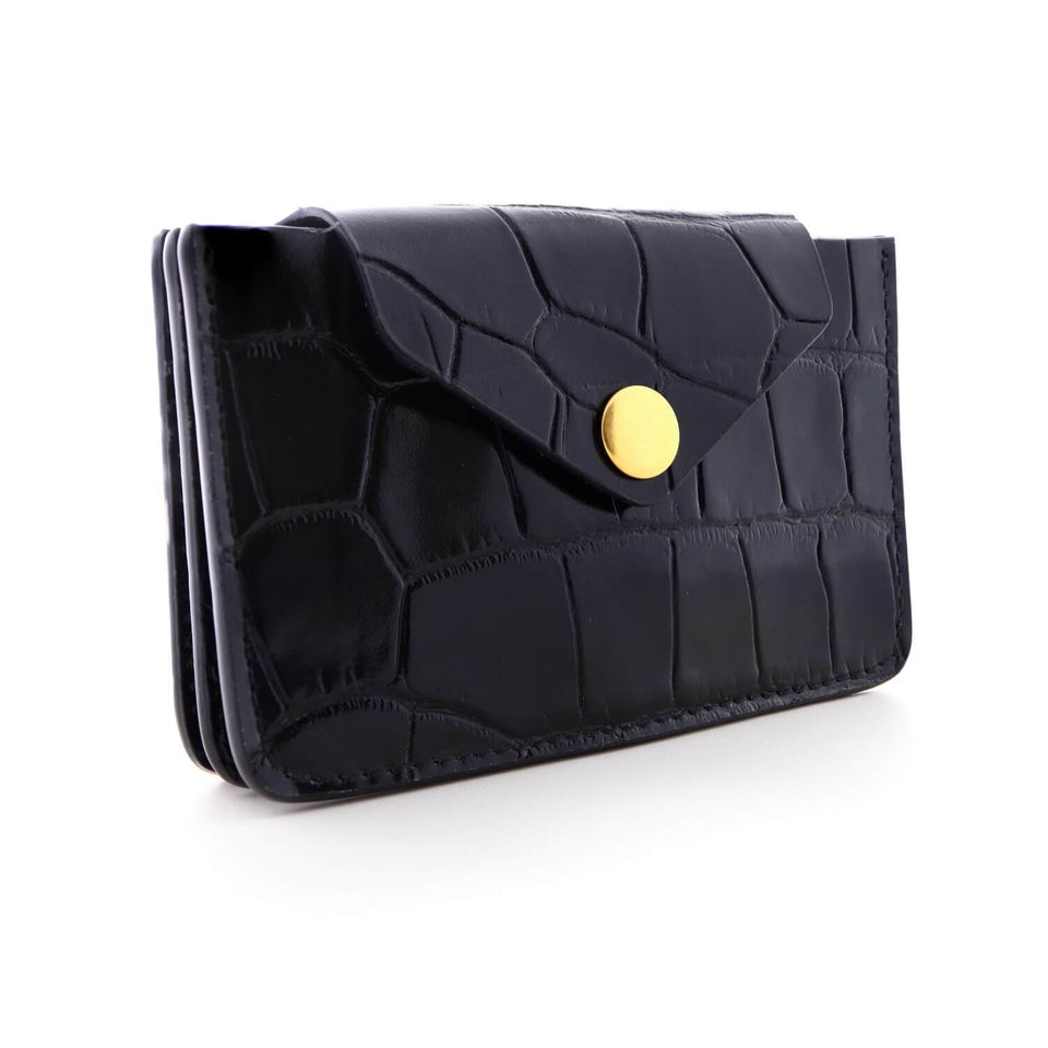 Women's Small Card Case Wallet with Flap. Mini Credit Card Holder. Croco Embossed Black