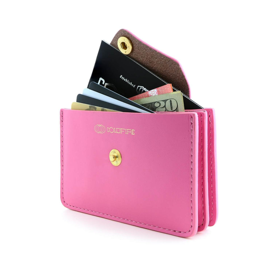 Women's Small Card Case Wallet with Flap. Mini Credit Card Holder. Soft Candy Pink Leather - COLDFIRE